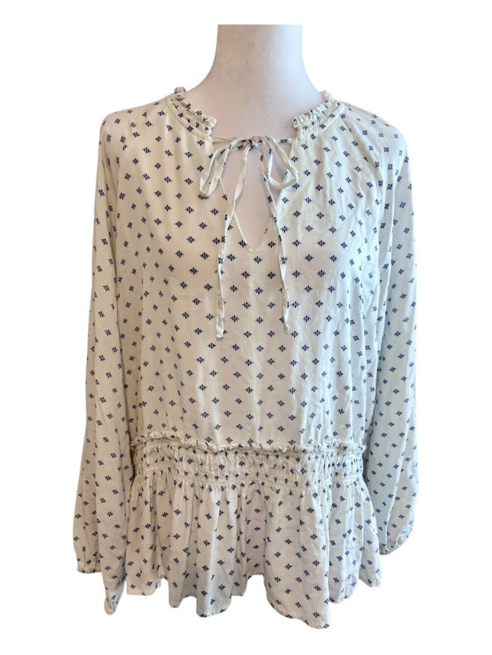 Velvet Heart White & Blue Boho Print Smocked Peasant Blouse - Size XL